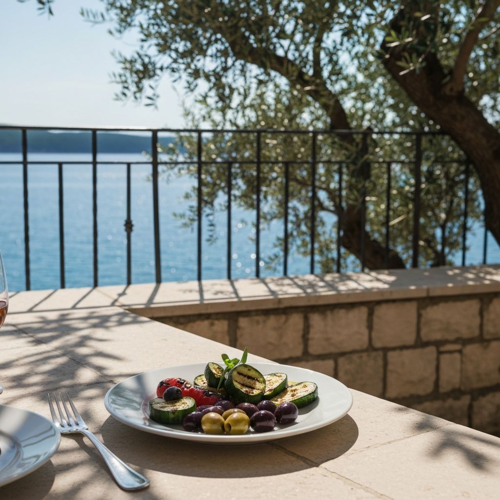 Opušteni obrok na terasi s pogledom na more i prirodnom svjetlošću